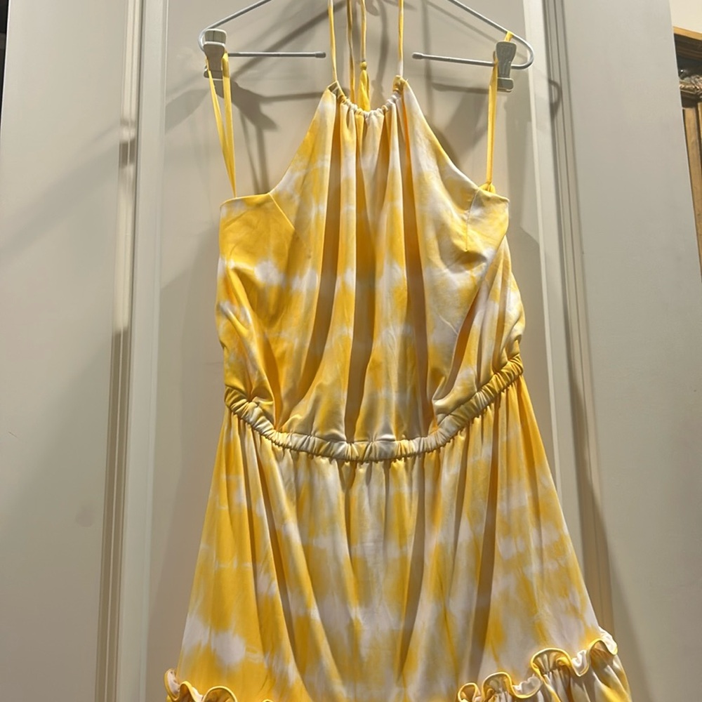 Like New Boston Proper Halter tie ruffle mini dress elastic waist tie dye size M